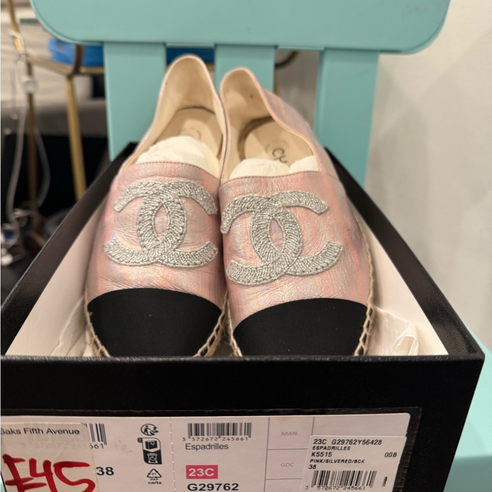 Chanel Pink Espadrilles with Silver Accents in excellent condition.